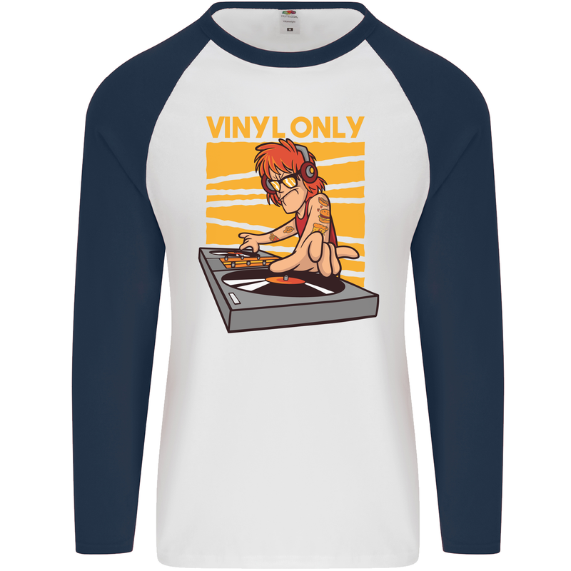 DJ Decks Vinyl Only Funny DJing Turntable Mens L/S Baseball T-Shirt White/Navy Blue