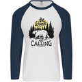 The Woods Calling Camping Trekking Bear Mens L/S Baseball T-Shirt White/Navy Blue