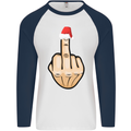 Bah Humbug Finger Flip Funny Christmas Rude Mens L/S Baseball T-Shirt White/Navy Blue