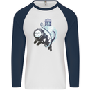 Space Astronaut Cat Funny Mens L/S Baseball T-Shirt White/Navy Blue