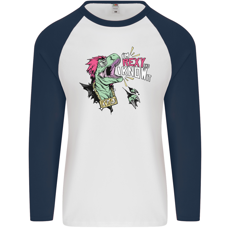 Dinosaurs T-Rex I'm Rexy and I Know It Sexy Mens L/S Baseball T-Shirt White/Navy Blue