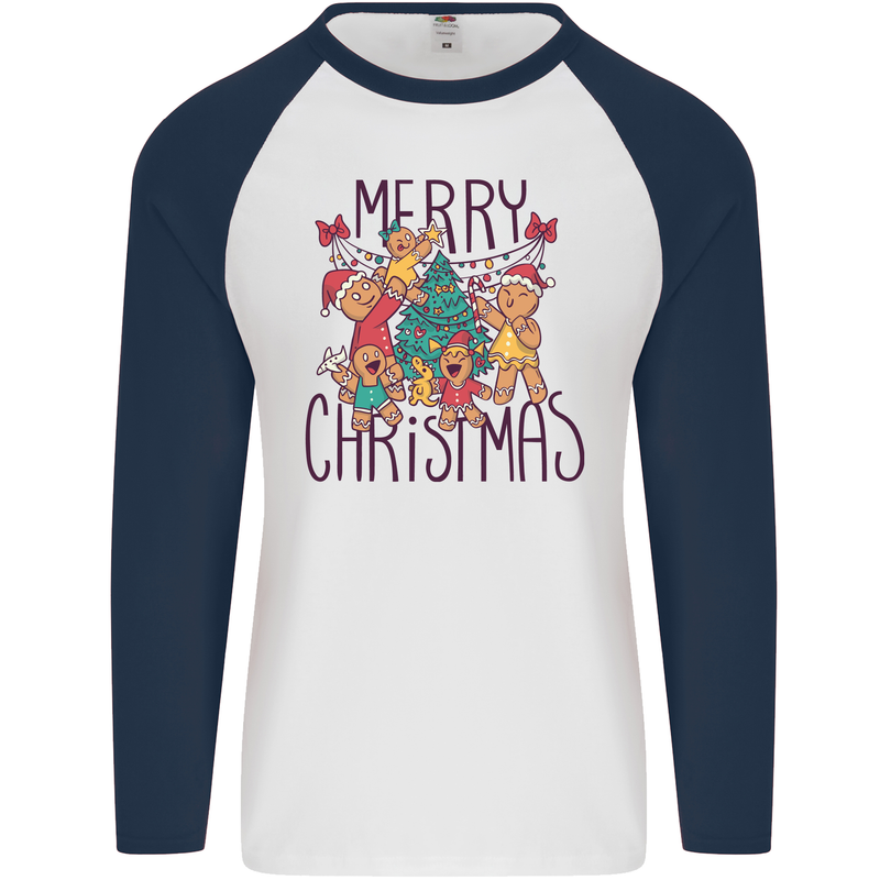 Gingerbread Man Merry Christmas Mens L/S Baseball T-Shirt White/Navy Blue