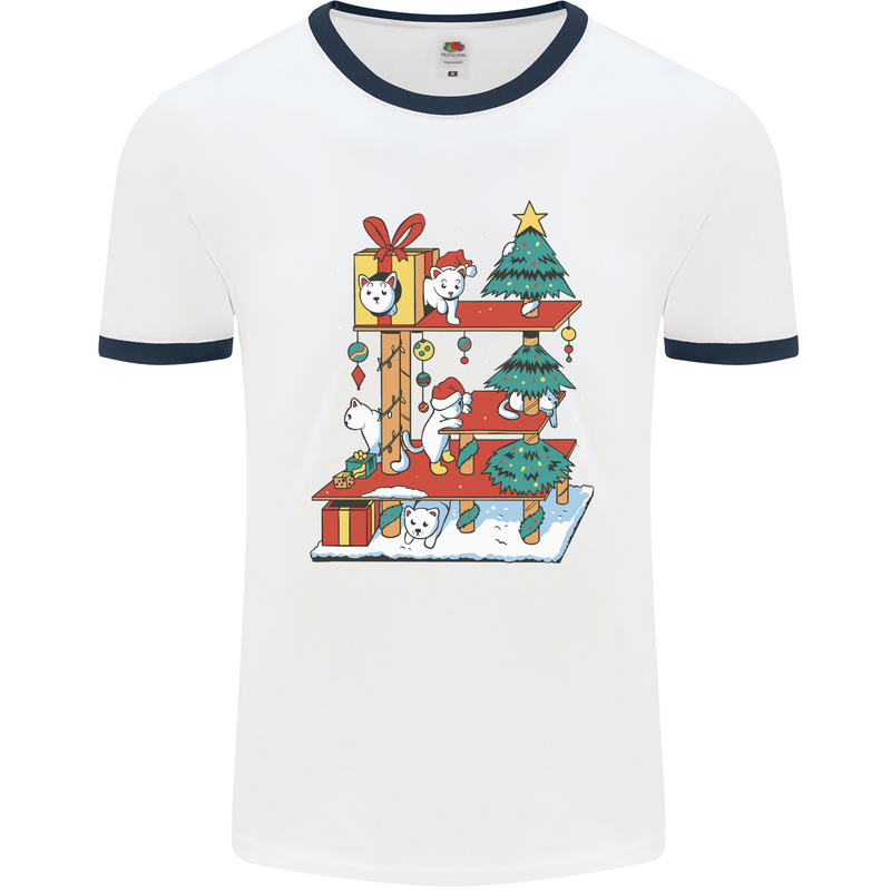 Christmas Cat House Funny Winter Xmas Mens Ringer T-Shirt White/Navy Blue