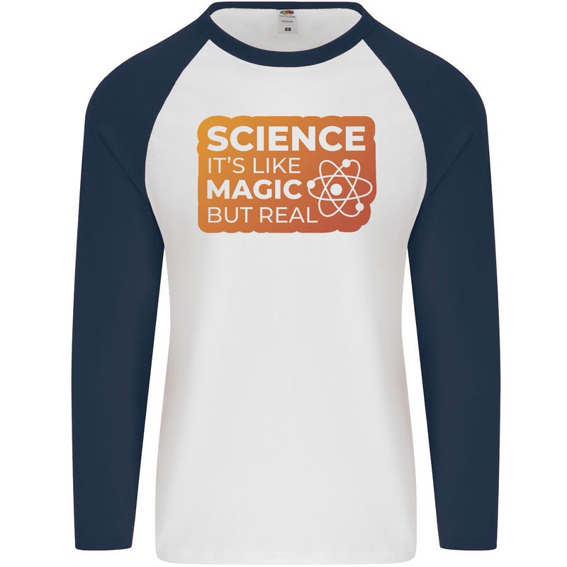 Science Like Magic but Real Physics Geek Mens L/S Baseball T-Shirt White/Navy Blue