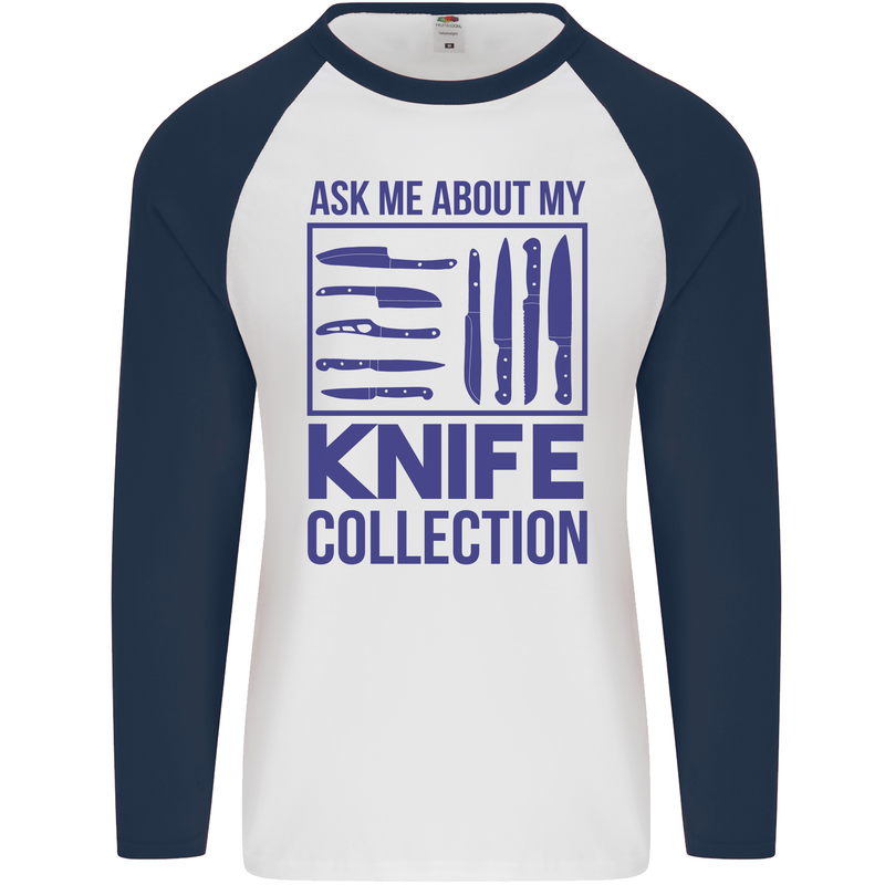 Ask About My Knife Collection Funny Chef Mens L/S Baseball T-Shirt White/Navy Blue