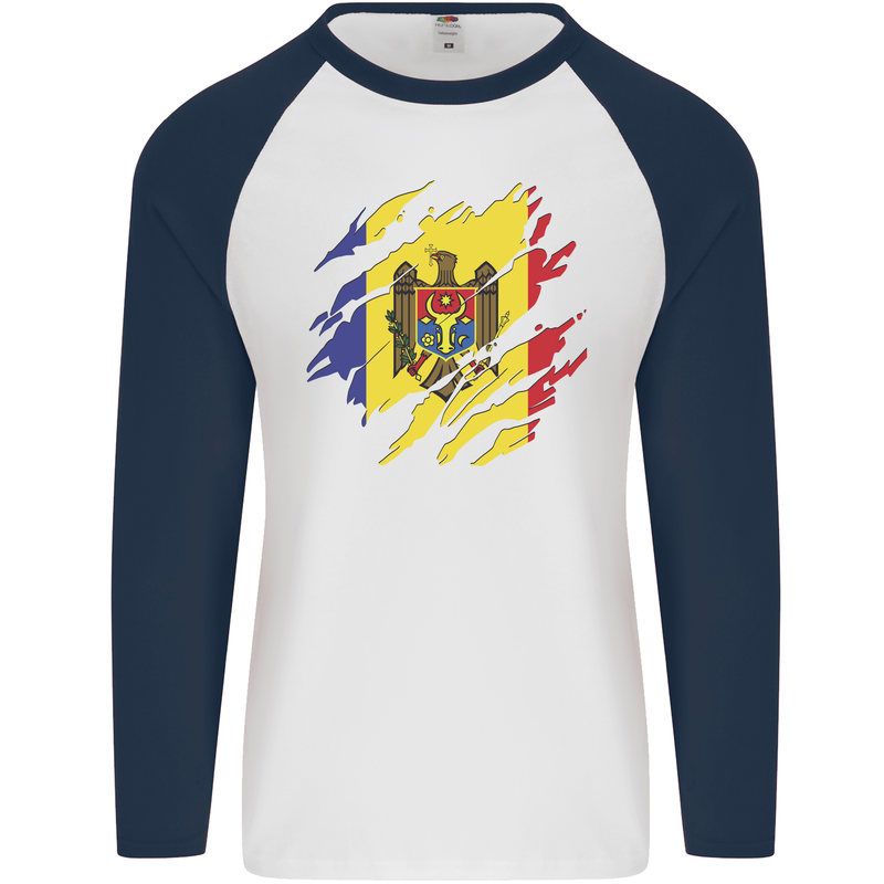 Torn Moldova Flag Moldovan Day Football Mens L/S Baseball T-Shirt White/Navy Blue