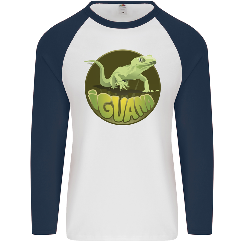 An Iguana Lizard Mens L/S Baseball T-Shirt White/Navy Blue