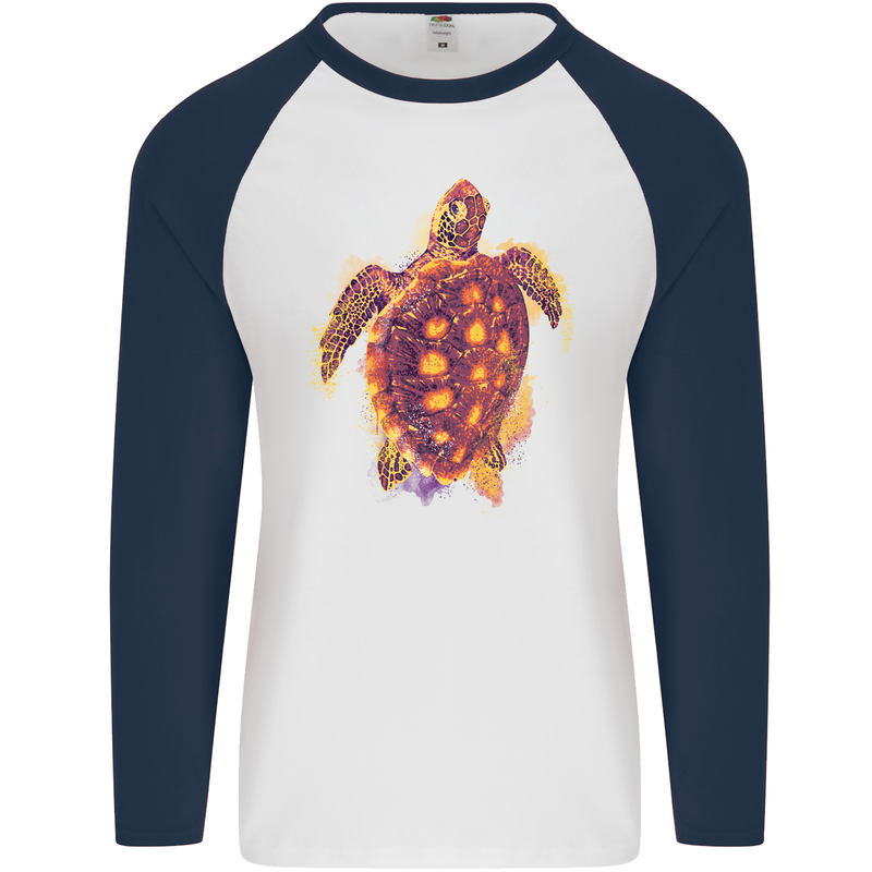 A Watercolour Turtle Mens L/S Baseball T-Shirt White/Navy Blue