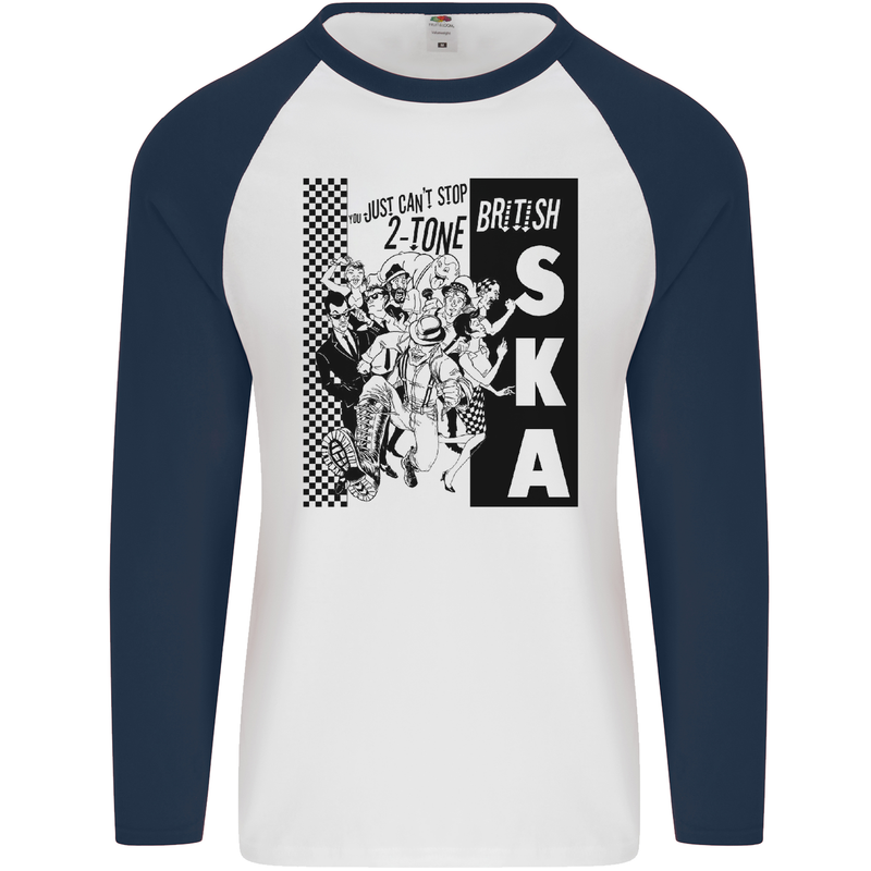 Can't Stop 2-Tone British SKA 2Tone Mens L/S Baseball T-Shirt White/Navy Blue