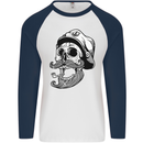 Old Sailor Skull Sailing Captain Mens L/S Baseball T-Shirt White/Navy Blue
