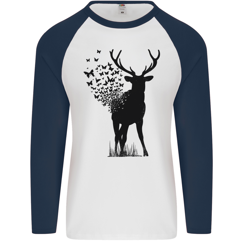 Abstract Butterfly Deer Ecology Environment Mens L/S Baseball T-Shirt White/Navy Blue