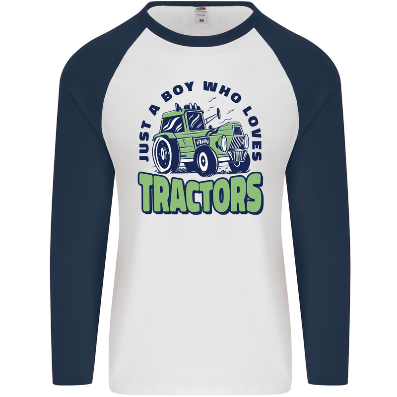 Just a Boy Who Loves Tractors Farmer Mens L/S Baseball T-Shirt White/Navy Blue