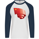 Curled China Flag Chinese Day Football Mens L/S Baseball T-Shirt White/Navy Blue