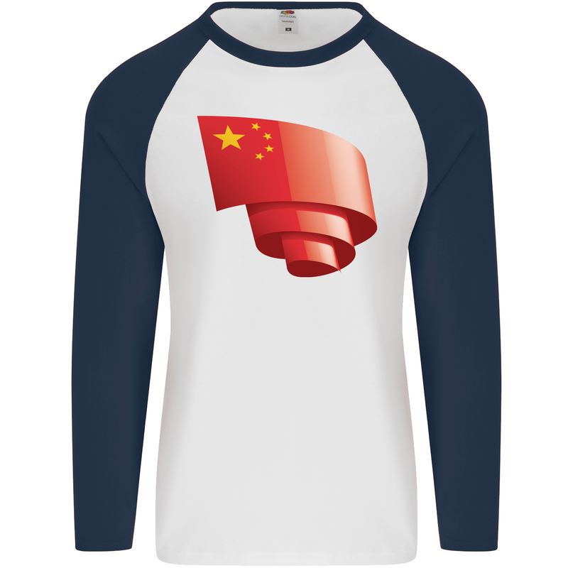 Curled China Flag Chinese Day Football Mens L/S Baseball T-Shirt White/Navy Blue