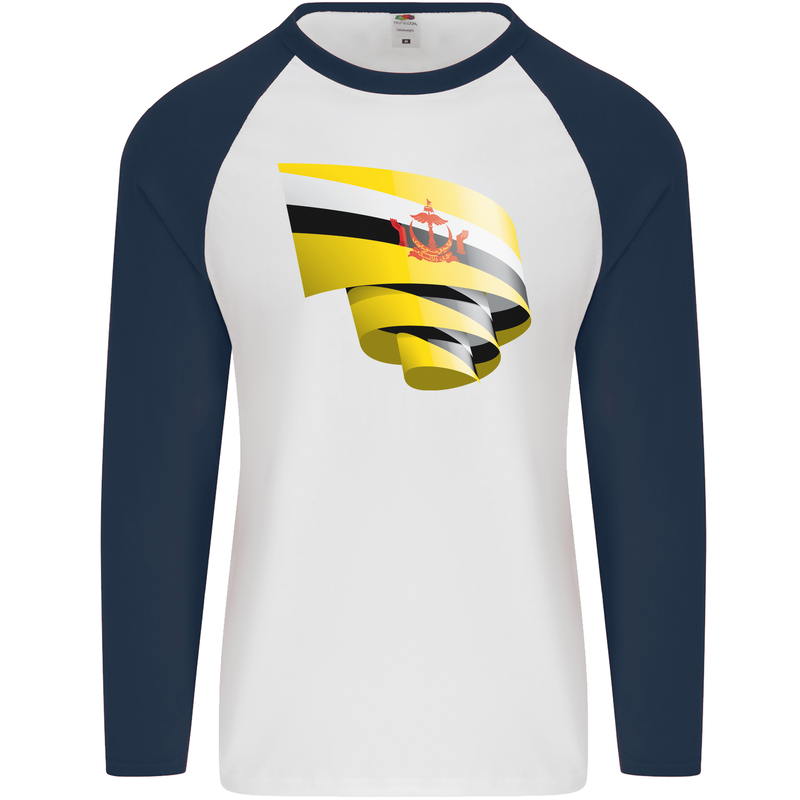 Curled Brunei Flag Bruneian Day Football Mens L/S Baseball T-Shirt White/Navy Blue