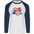 Torn Serbia Flag Serbia Day Football Mens L/S Baseball T-Shirt White/Navy Blue