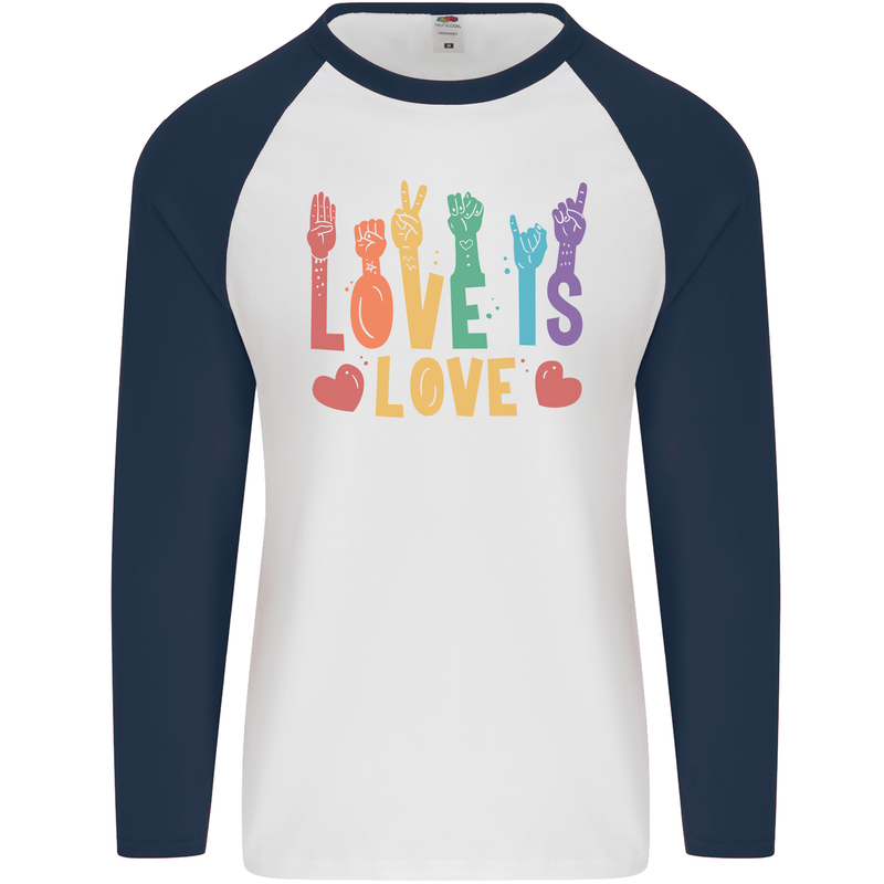 LGBT Sign Language Love Is Gay Pride Day Mens L/S Baseball T-Shirt White/Navy Blue