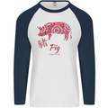 Chinese Zodiac Shengxiao Year of the Pig Mens L/S Baseball T-Shirt White/Navy Blue