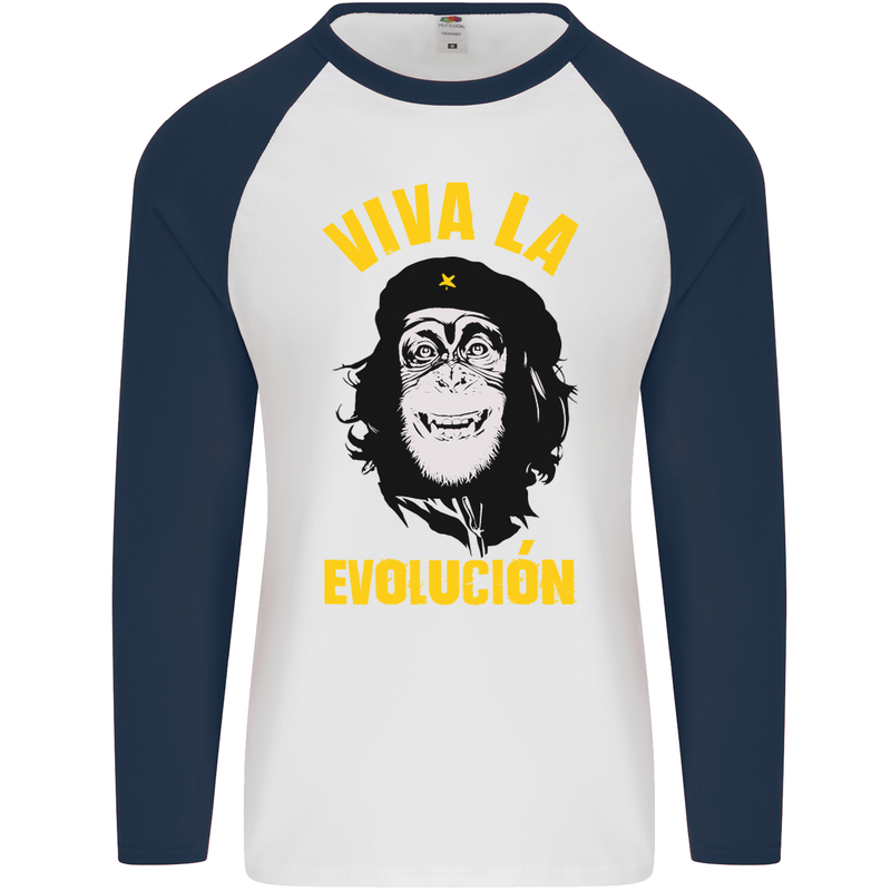 Funny Che Guevara Evolution Monkey Atheist Mens L/S Baseball T-Shirt White/Navy Blue