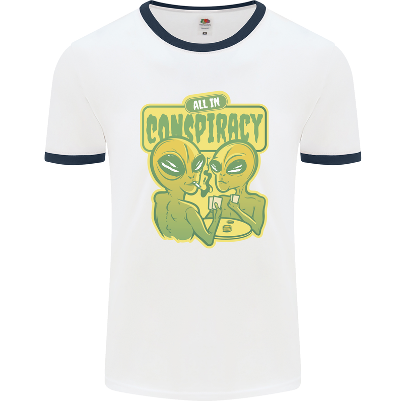 All in Conspiracy Funny Alien Poker Card Game Mens Ringer T-Shirt White/Navy Blue