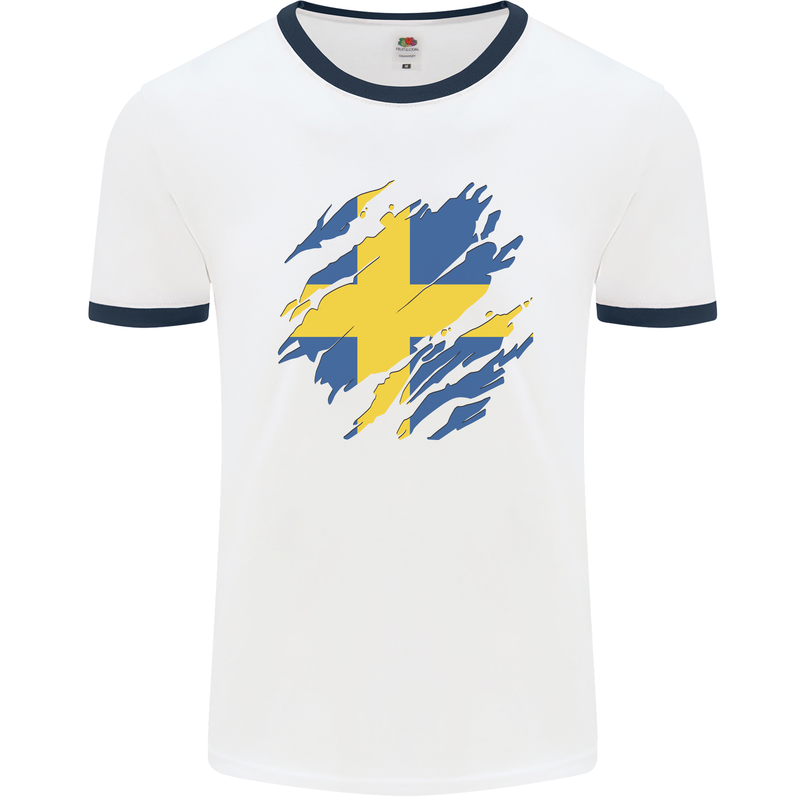 Torn Swedish Flag Sweden Day Football Mens Ringer T-Shirt White/Navy Blue