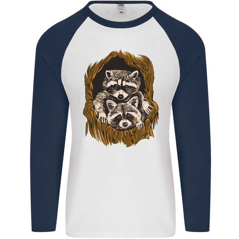 Raccoons in a Tree Mens L/S Baseball T-Shirt White/Navy Blue