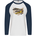 Steampunk Plane Aircraft Biplane Mens L/S Baseball T-Shirt White/Navy Blue