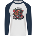 Biker On My Way to Hell Motorbike Skull Mens L/S Baseball T-Shirt White/Navy Blue