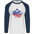 Torn Slovenia Flag Slovenian Day Football Mens L/S Baseball T-Shirt White/Navy Blue