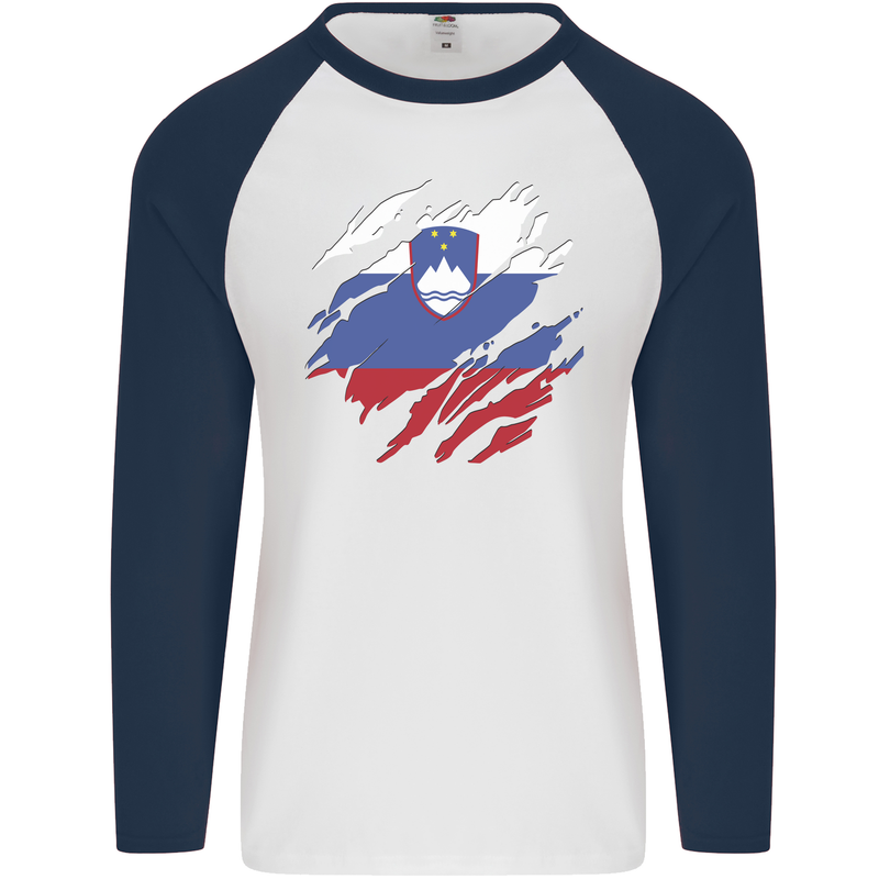 Torn Slovenia Flag Slovenian Day Football Mens L/S Baseball T-Shirt White/Navy Blue