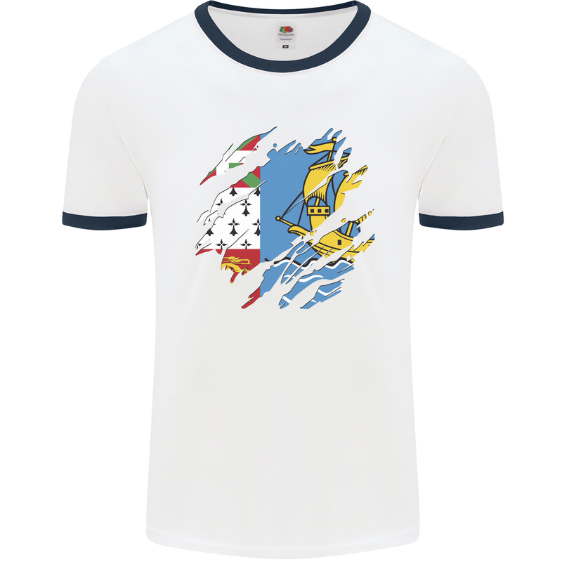 Torn Flag Saint Pierre and Miquelon Mens Ringer T-Shirt White/Navy Blue