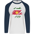 Torn Suriname Flag Suriname Day Football Mens L/S Baseball T-Shirt White/Navy Blue