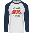 Torn Suriname Flag Suriname Day Football Mens L/S Baseball T-Shirt White/Navy Blue