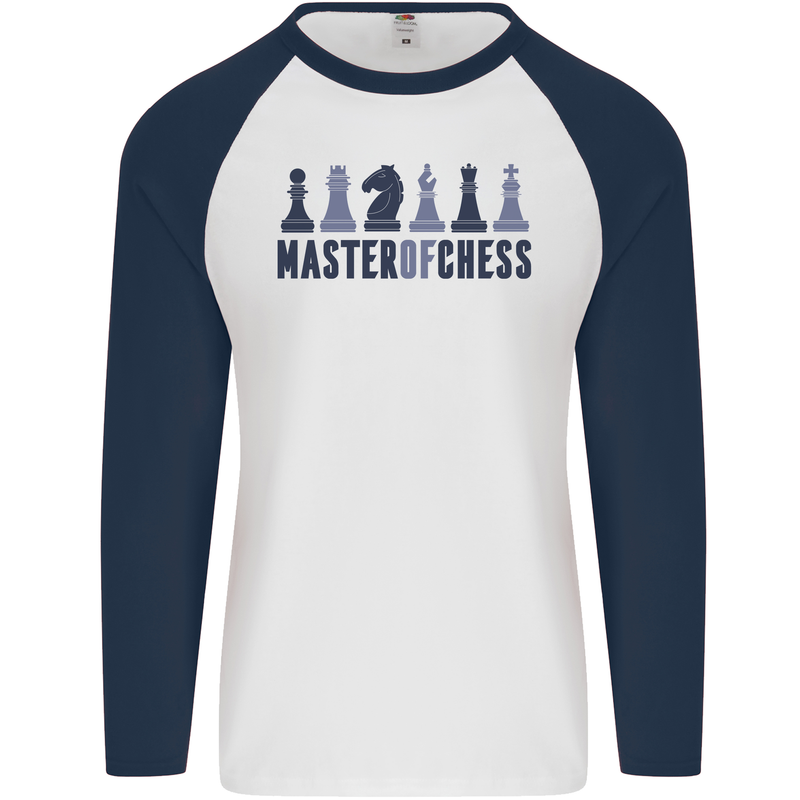 Master of Chess Mens L/S Baseball T-Shirt White/Navy Blue