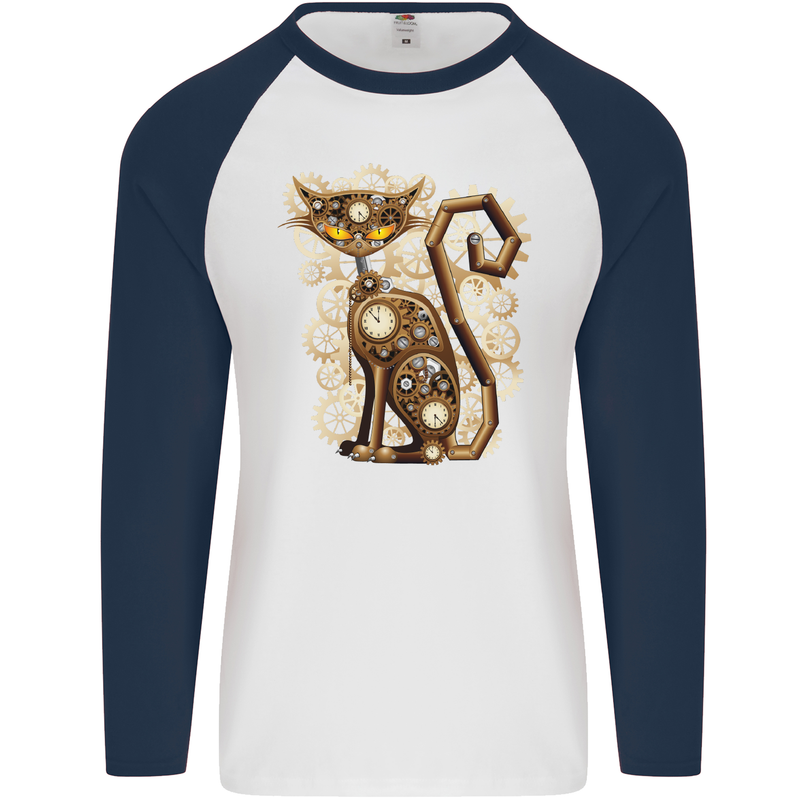 Steampunk Cat Mens L/S Baseball T-Shirt White/Navy Blue