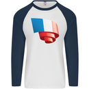 Curled France Flag French Day Football Mens L/S Baseball T-Shirt White/Navy Blue