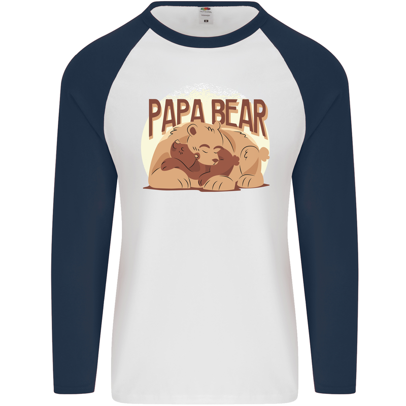 Papa Bear Funny Fathers Day Mens L/S Baseball T-Shirt White/Navy Blue