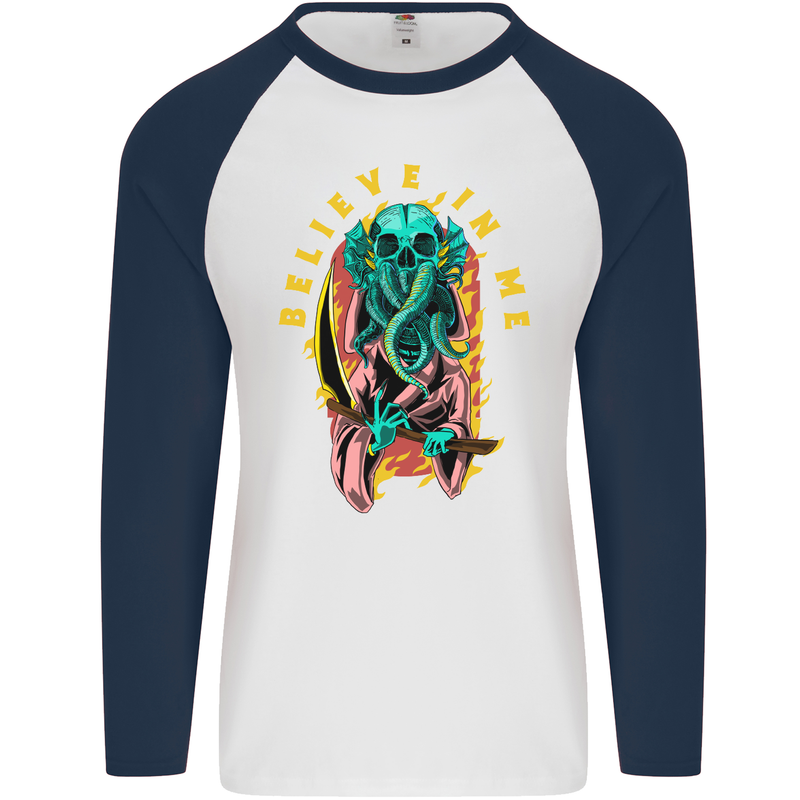 Cthulhu Believe in Me Octopus Kraken Skull Mens L/S Baseball T-Shirt White/Navy Blue