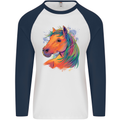 Horse Head Equestrian Mens L/S Baseball T-Shirt White/Navy Blue