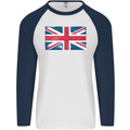 Distressed Union Jack Flag Great Britain Mens L/S Baseball T-Shirt White/Navy Blue