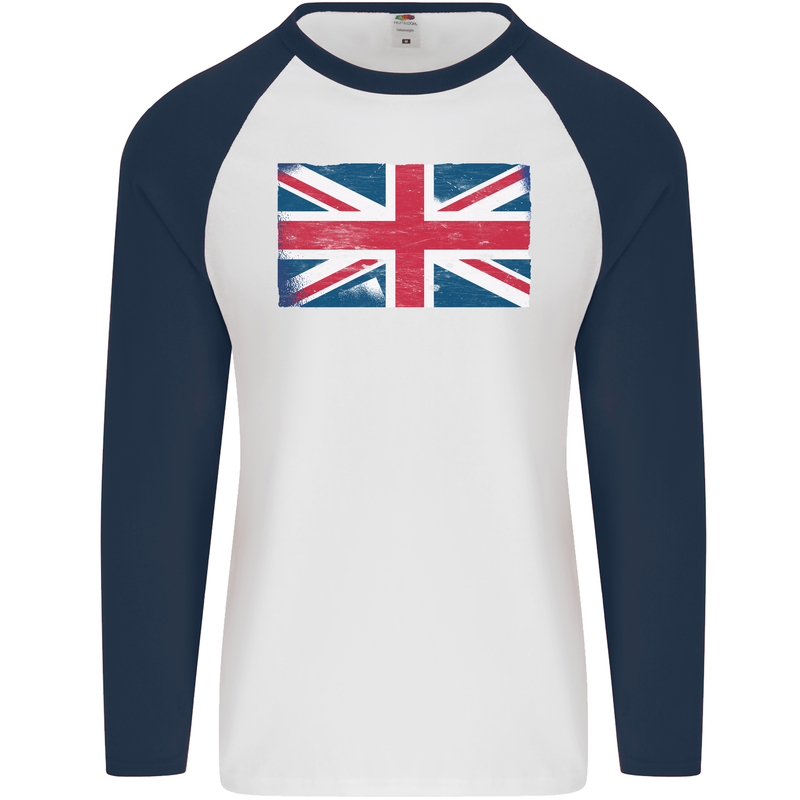 Distressed Union Jack Flag Great Britain Mens L/S Baseball T-Shirt White/Navy Blue