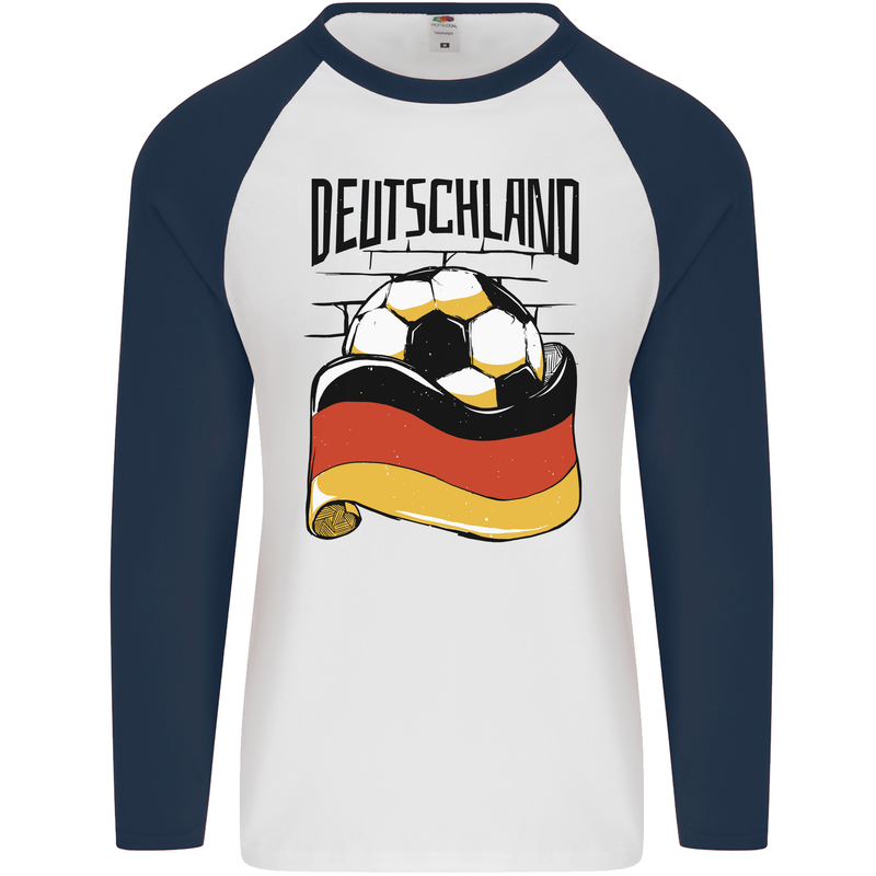 Deutschland Football Germany German Soccer Mens L/S Baseball T-Shirt White/Navy Blue