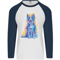 A Colourful Border Collie Dog Design Mens L/S Baseball T-Shirt White/Navy Blue