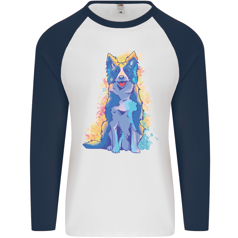 A Colourful Border Collie Dog Design Mens L/S Baseball T-Shirt White/Navy Blue