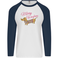 Merry Wiener Funny Christmas Dog Mens L/S Baseball T-Shirt White/Navy Blue