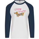 Merry Wiener Funny Christmas Dog Mens L/S Baseball T-Shirt White/Navy Blue