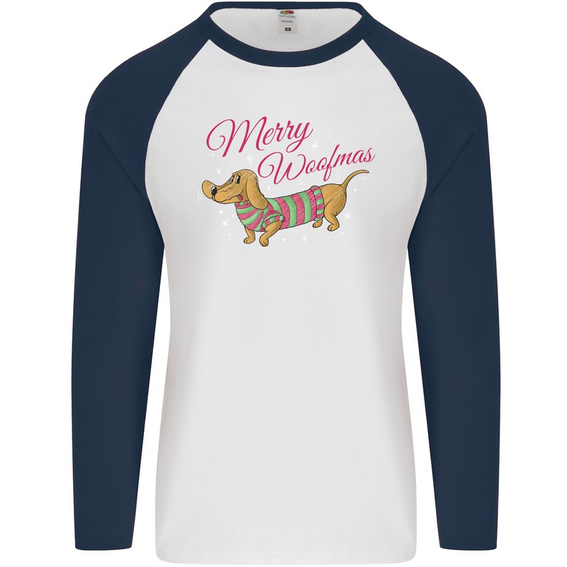 Merry Wiener Funny Christmas Dog Mens L/S Baseball T-Shirt White/Navy Blue