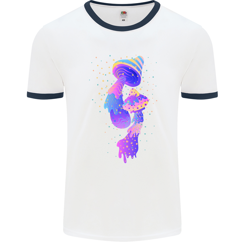 Psychedelic Magic Mushrooms LSD Mens Ringer T-Shirt White/Navy Blue