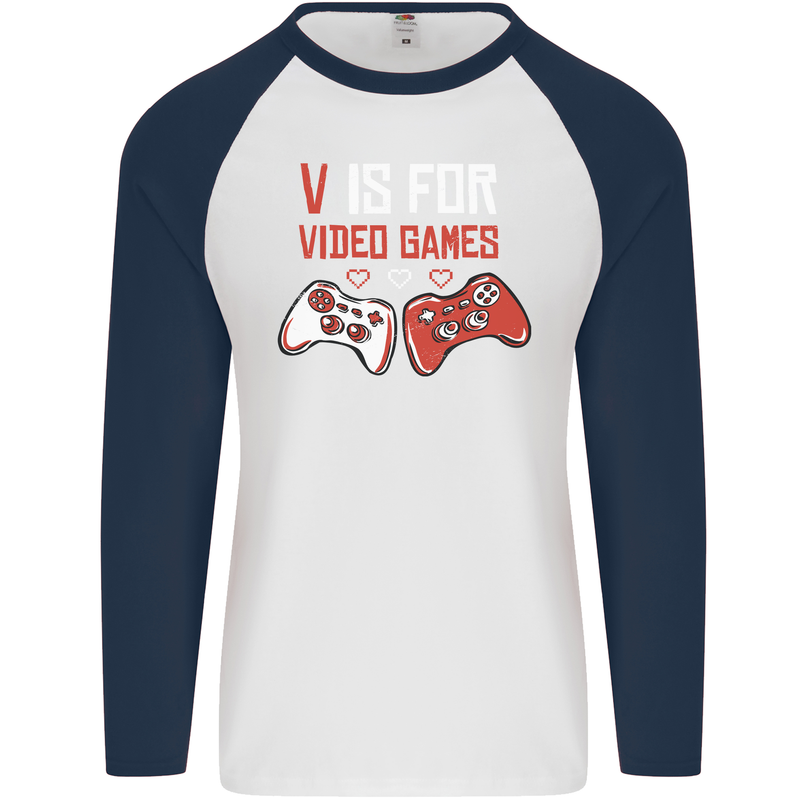 V is For Video Games Funny Gaming Gamer Mens L/S Baseball T-Shirt White/Navy Blue
