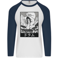 Sumo Wrestler Drummer Drumming Drum Mens L/S Baseball T-Shirt White/Navy Blue